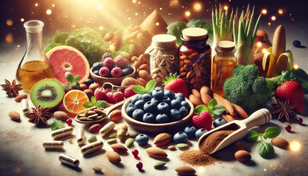 A warm and glowing display of bioavailable nutrients, featuring an assortment of energy-boosting foods such as berries, nuts, seeds, and leafy greens, alongside supplement capsules and powders, emphasizing organic purity and vitality