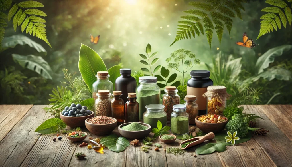 What Supplements Should I Take? The Best Bioavailable Nutrients for Natural Energy and Vitality 2 A tranquil nature-inspired composition displaying various bioavailable supplements, including herbal extracts, vitamins, and superfood powders, arranged in small bowls and glass containers with a lush green backdrop, highlighting a natural approach to health