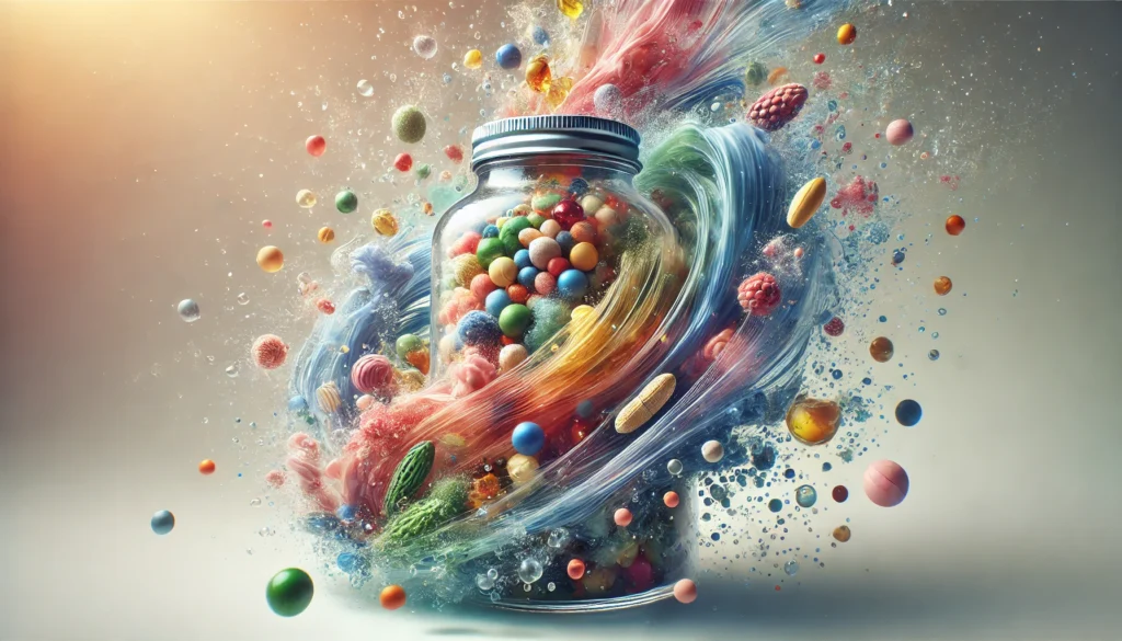 What Supplements Should I Take? The Best Bioavailable Nutrients for Natural Energy and Vitality 3 A vibrant close-up of bioavailable nutrient supplements dissolving in water, creating swirling colors and effervescence, symbolizing rapid absorption and enhanced energy in a dynamic, visually engaging manner