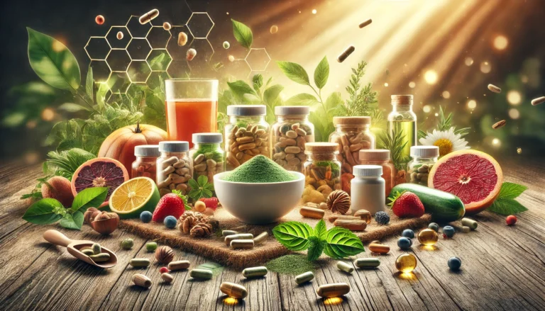 A vibrant display of metabolism-boosting supplements, including capsules, powders, and herbal extracts, arranged on a wooden table alongside fresh fruits, nuts, and green tea leaves, illuminated by natural light symbolizing health and vitality