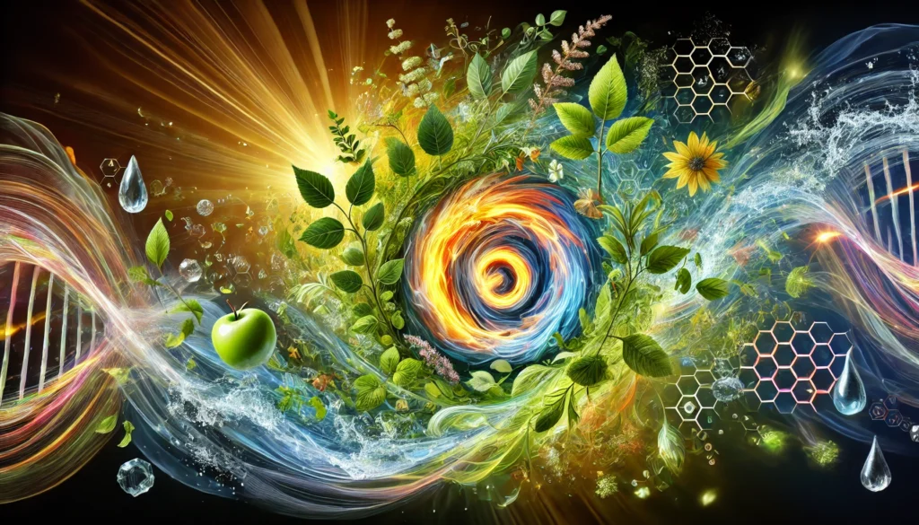 Best Supplements for Metabolism: Unlocking the Power of Bioavailable Nutrients for Natural Energy and Weight Management 2 A dynamic and artistic visual representation of metabolism, featuring swirling natural elements such as flowing water, green leaves, glowing herbs, and radiant golden light, symbolizing energy, vitality, and the body's metabolic processes