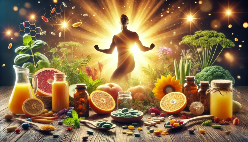 Best Supplements for Metabolism: Unlocking the Power of Bioavailable Nutrients for Natural Energy and Weight Management 3 A vibrant wellness scene featuring an energetic person surrounded by natural supplements, fresh fruits, and herbal elements, bathed in warm sunlight, symbolizing vitality, health, and the benefits of metabolism-boosting nutrients