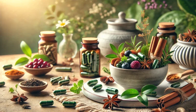 A beautifully arranged composition of natural weight loss supplements for women, featuring organic ingredients like green tea leaves, turmeric, cinnamon sticks, and berries, complemented by supplement capsules in a serene, wellness-inspired setting