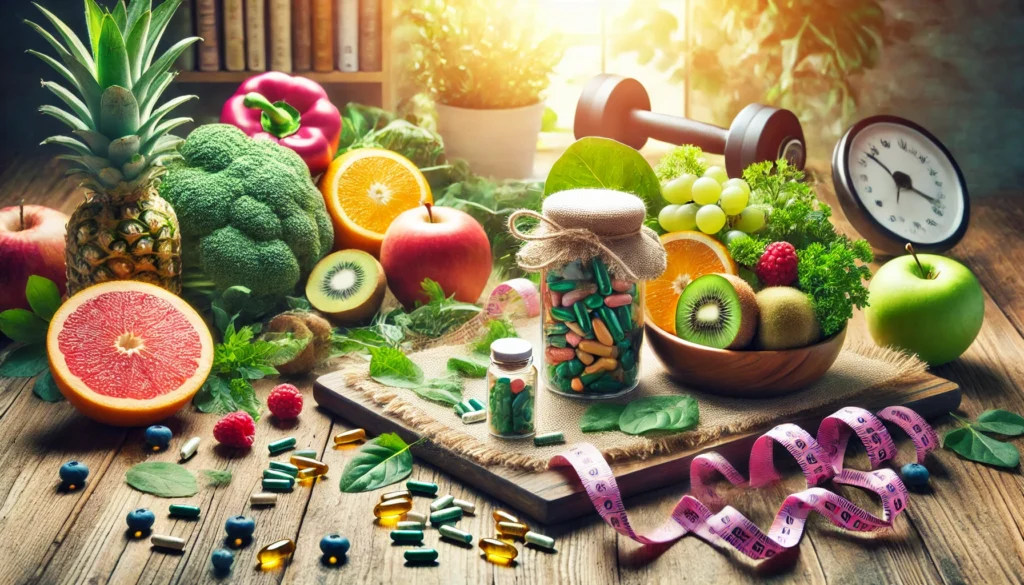 A vibrant and artistic display of fresh fruits, leafy greens, omega-3 capsules, and herbal extracts arranged on a wooden table with soft natural lighting, representing a healthy lifestyle approach to women's weight loss.