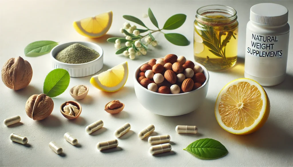 The Best Supplements for Weight Loss: Natural and Bioavailable Nutrients to Boost Your Metabolism 2 A serene and minimalistic display of natural weight loss supplements for women, featuring a bowl of mixed nuts, green tea, fresh lemon slices, and herbal capsules on a clean white surface with soft diffused lighting, evoking balance and well-being