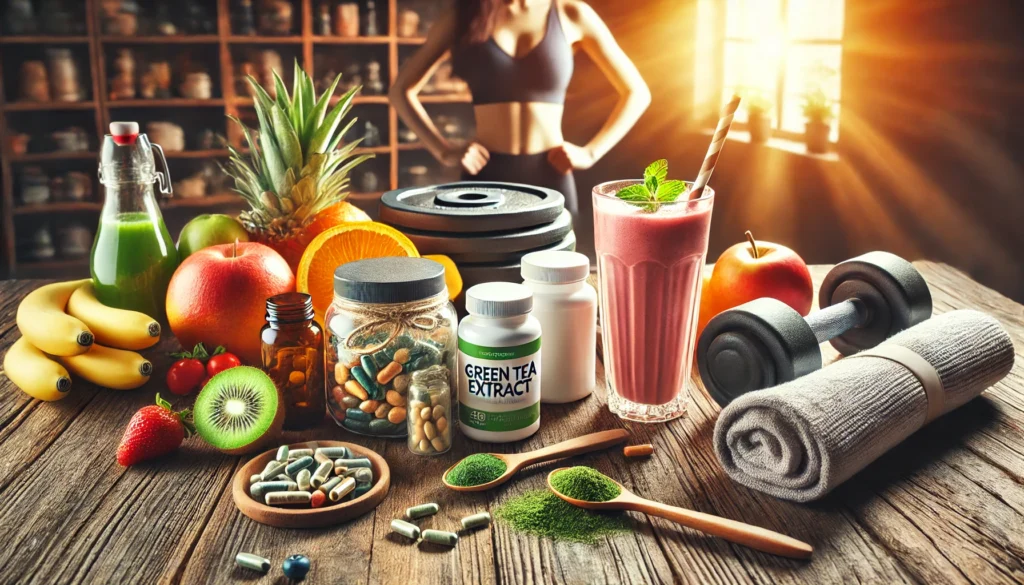 The Best Supplements for Weight Loss: Natural and Bioavailable Nutrients to Boost Your Metabolism 3 A dynamic and inspiring fitness-focused display of natural weight loss supplements for women, featuring protein powder, green tea extract, herbal capsules, fresh fruits, a smoothie, and a pair of dumbbells on a wooden surface with soft natural lighting