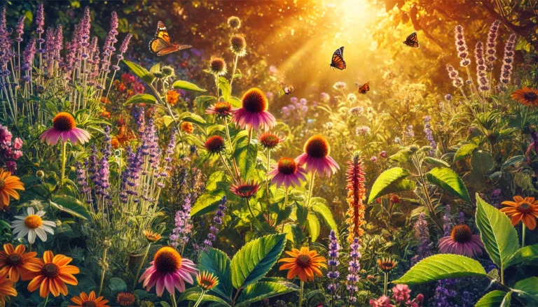A lush, vibrant herbal garden bathed in golden sunlight, featuring diverse medicinal plants such as lavender, echinacea, and ginseng. Butterflies and bees are seen pollinating the flowers, symbolizing natural healing and vitality