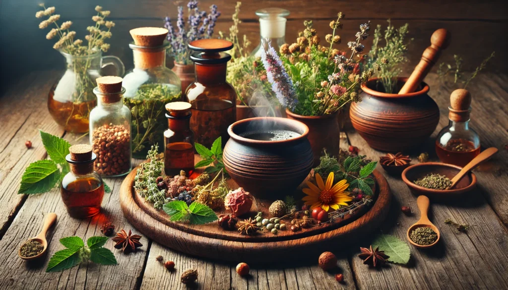 A close-up of a traditional apothecary's wooden table adorned with freshly harvested medicinal herbs, glass jars of dried plant extracts, and a steaming herbal infusion in a rustic clay cup. The warm, inviting atmosphere highlights the healing power of nature