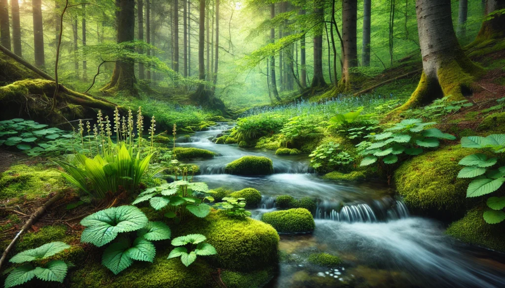Unlocking the Power of Botanical Medicine: How Bioavailable Nutrients Enhance Natural Healing Remedies 2 A serene forest scene with a flowing stream surrounded by lush green plants, moss-covered rocks, and rare medicinal herbs growing along the water’s edge. Soft morning light filters through the trees, creating a peaceful and healing ambiance