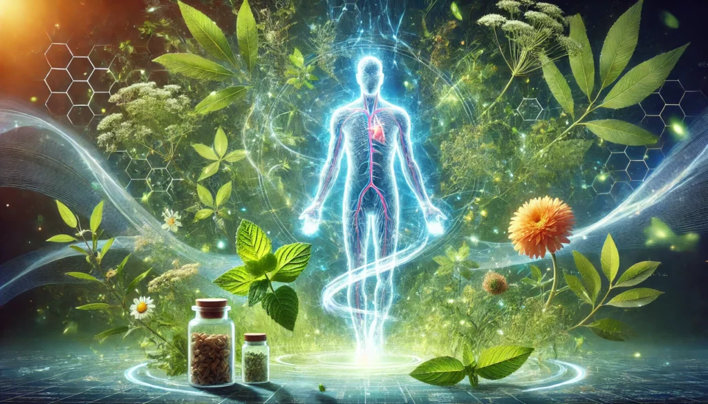 Unlocking the Power of Botanical Medicine: How Bioavailable Nutrients Enhance Natural Healing Remedies 3 An ethereal depiction of herbal medicine in action, featuring a transparent human silhouette with glowing energy lines, surrounded by floating medicinal plants and vibrant green leaves. A radiant aura symbolizes the holistic healing power of botanical medicine