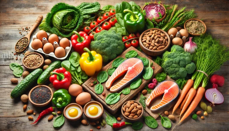 A vibrant display of nutrient-rich whole foods arranged on a rustic wooden table, featuring fresh vegetables like kale, spinach, and bell peppers, alongside omega-3-rich salmon, eggs, nuts, and seeds. The image exudes freshness and health, symbolizing bioavailable nutrient sources.