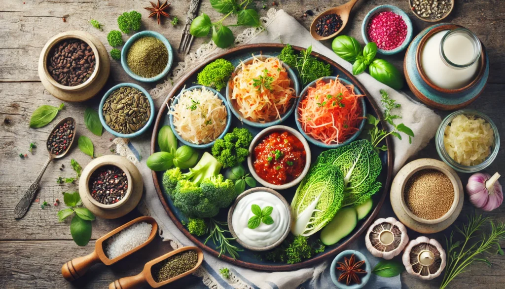 A beautifully arranged plate of fermented foods, including sauerkraut, kimchi, yogurt, and miso, surrounded by fresh herbs and spices. The image highlights gut health and bioavailable nutrients, emphasizing natural probiotics and digestion-enhancing foods