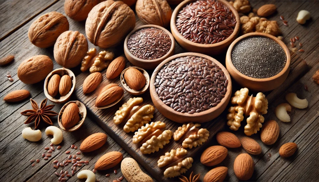 A close-up of a variety of nuts and seeds, including almonds, walnuts, flaxseeds, and chia seeds, artfully displayed on a wooden surface. The image showcases their rich textures and natural oils, emphasizing their role as bioavailable sources of essential nutrients and healthy fats.