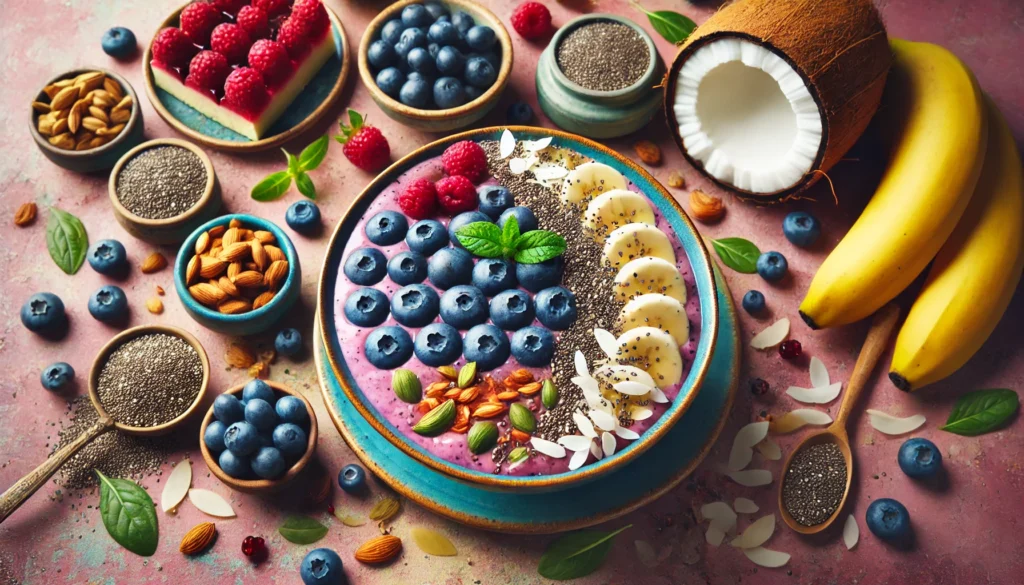 A fresh, colorful smoothie bowl topped with nutrient-dense ingredients such as blueberries, banana slices, chia seeds, and coconut flakes. The vibrant scene radiates health and vitality, symbolizing the power of bioavailable nutrients in whole foods