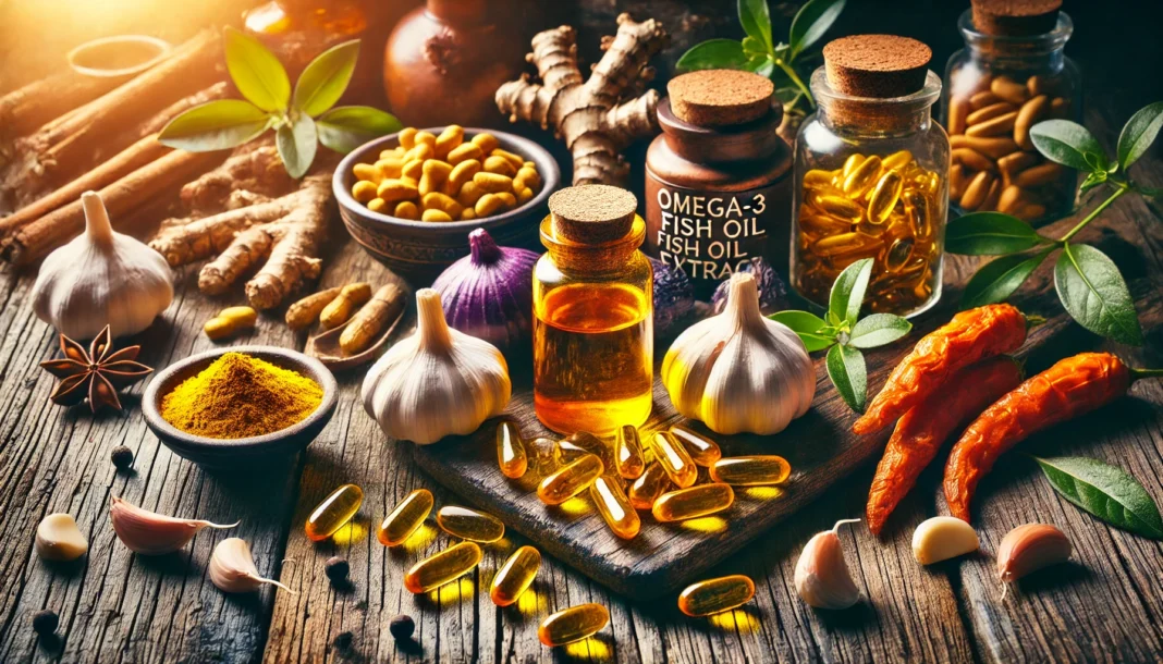 A visually rich display of natural supplements, including turmeric root, fresh garlic cloves, omega-3 fish oil capsules, and berberine extract, arranged on a rustic wooden table under warm, natural lighting, highlighting their potential benefits for lowering A1C and cholesterol