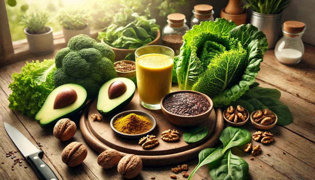 A vibrant selection of natural ingredients for A1C and cholesterol management, featuring fresh leafy greens, avocado, walnuts, flaxseeds, and a glass of golden turmeric milk, all set on a wooden kitchen counter bathed in soft daylight