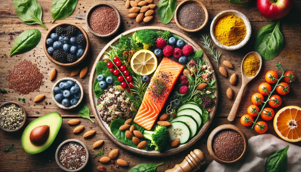 A stunning flat lay of a heart-healthy meal, including salmon, quinoa, almonds, fresh berries, and dark leafy greens, elegantly plated on a wooden dining table alongside small bowls of flaxseeds, chia seeds, and turmeric powder, symbolizing balanced nutrition
