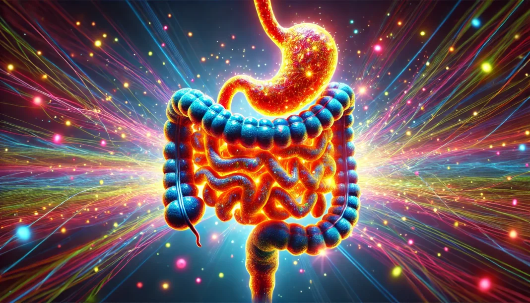 A visually rich and vibrant depiction of a healthy digestive system with glowing nutrient molecules being absorbed into the bloodstream, symbolizing optimal gut health and bioavailable nutrients