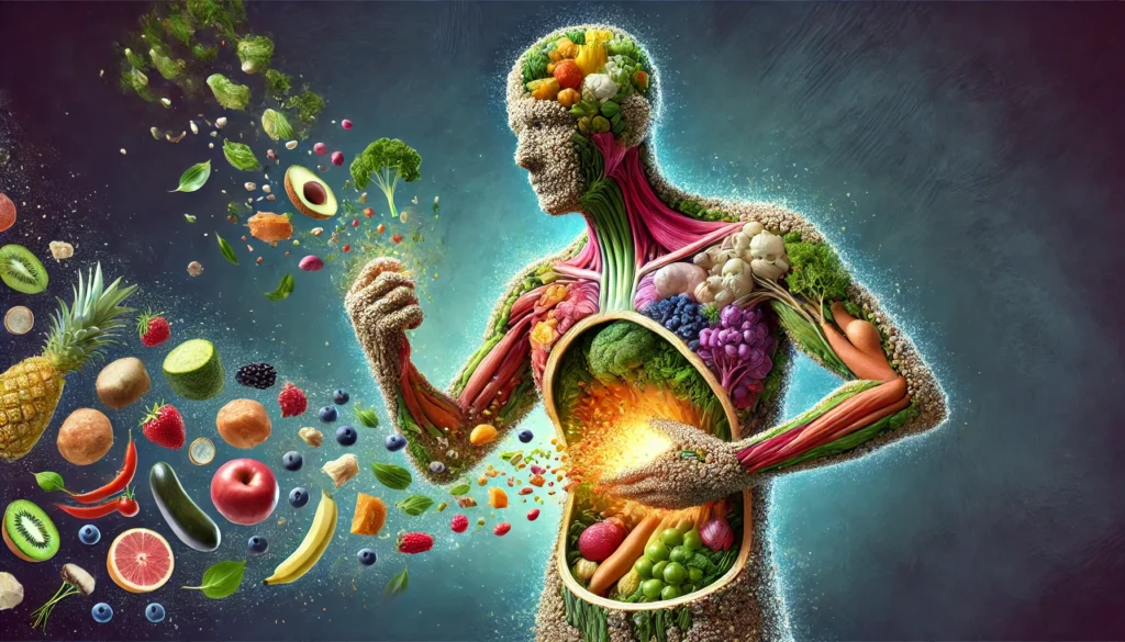 A detailed and artistic representation of nutrient-dense foods breaking down into microscopic particles, showcasing the digestion and absorption process, with vibrant fruits, vegetables, and healthy fats transforming into bioavailable nutrients