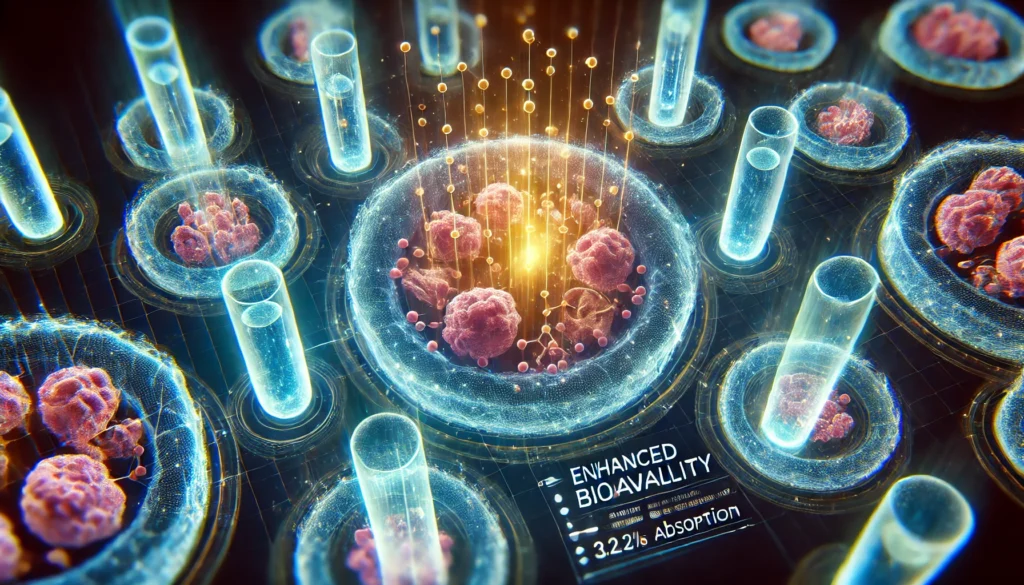 A futuristic and microscopic visualization of human cells absorbing glowing nutrient particles, symbolizing enhanced bioavailability and efficient nutrient absorption for holistic wellness.
