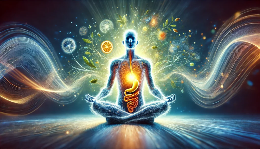 A peaceful and natural depiction of a person in a meditative state, enveloped by an ethereal glow symbolizing internal health, energy flow, and optimal nutrient absorption for holistic wellness