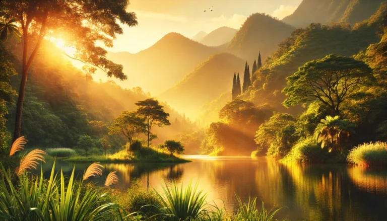 A tranquil lake surrounded by lush greenery and majestic mountains, illuminated by golden sunlight, evoking a sense of peace, balance, and holistic wellness.