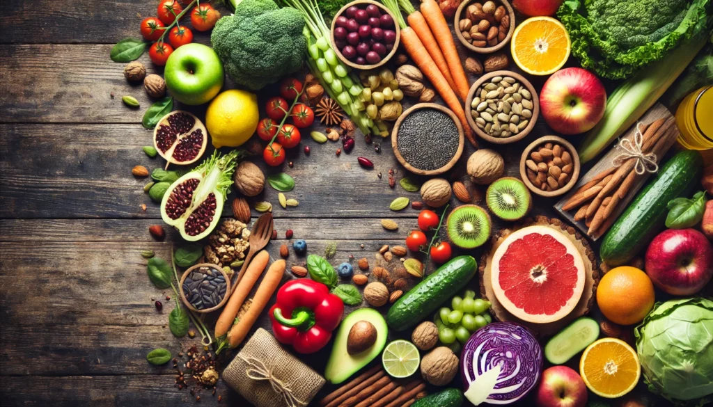Unlock Holistic Wellness: What to Take for Digestion with Bioavailable Nutrients 2 A vibrant organic food spread showcasing fresh fruits, vegetables, nuts, and seeds on a rustic wooden table, highlighting the role of natural nutrition in holistic wellness.