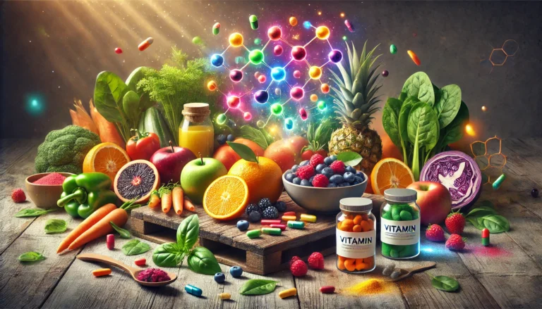 A vibrant composition of fresh foods rich in vitamins, including citrus fruits, leafy greens, nuts, dairy, eggs, and fish, arranged in a colorful kitchen setting.