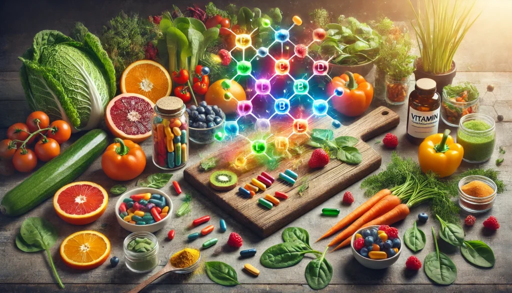 A top-down view of a rustic wooden table filled with whole foods symbolizing six essential vitamins, featuring colorful vegetables, citrus fruits, nuts, dairy, eggs, and fish for a natural and nutritious diet.