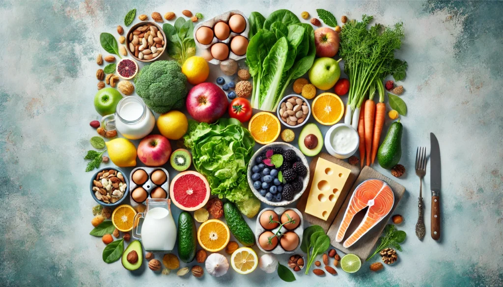 The Ultimate Guide to 6 Major Vitamins: Unlocking the Benefits of Bioavailable Nutrients for Holistic Health 2 An artistic, well-lit flat lay of fresh foods representing six key vitamins, including citrus fruits for vitamin C, leafy greens for vitamin K, dairy for vitamin D, nuts for vitamin E, eggs for vitamin B, and fish for vitamin A.