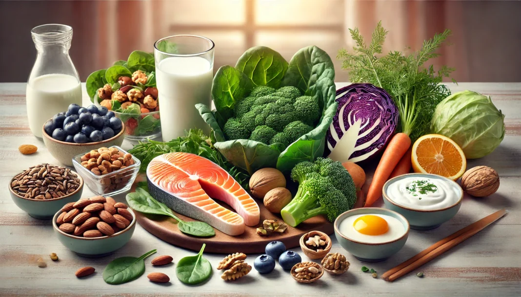 A visually appealing display of nutrient-rich foods for senior adults, including fresh vegetables, omega-3-rich salmon, dairy products, and brain-boosting nuts and berries, arranged in a warm, inviting setting.