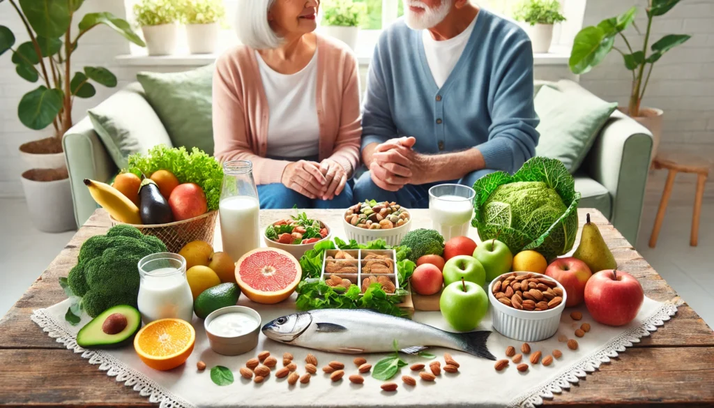 A heartwarming scene of a senior couple enjoying a nutritious meal together, featuring a variety of healthy foods such as fruits, leafy greens, fish, and dairy, emphasizing the importance of a balanced diet for aging well.