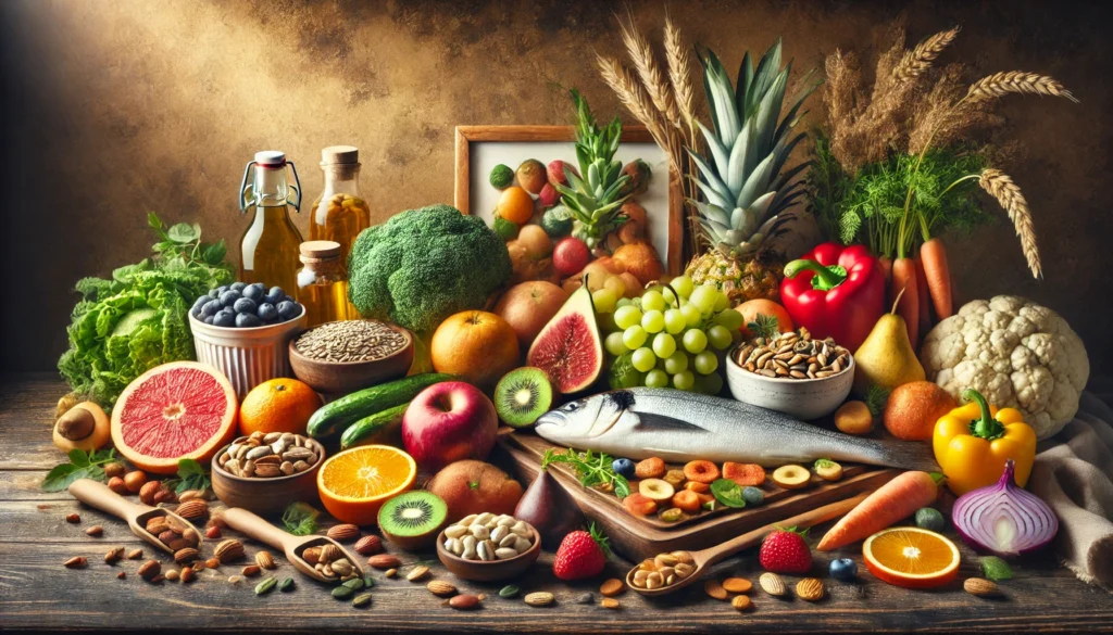 Essential Nutrients Needed for Senior Adults: Boosting Health and Longevity with Bioavailable Supplements 2 A vibrant still-life composition of nutrient-dense foods, including colorful fruits, vegetables, nuts, seeds, and fish, arranged on a wooden kitchen counter with natural lighting to promote health and vitality.