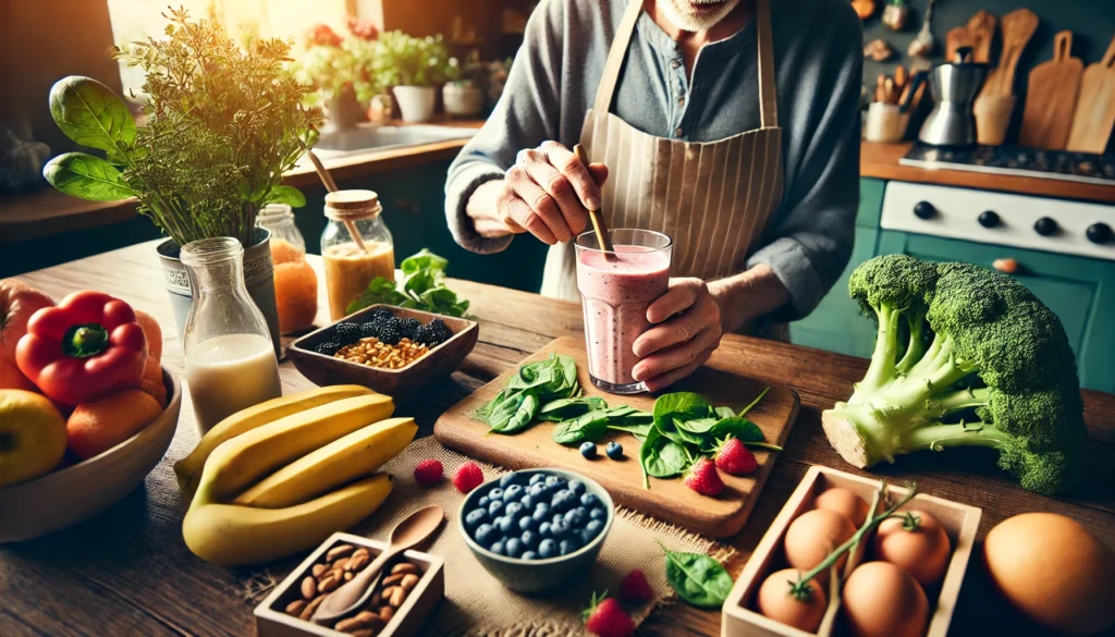 Essential Nutrients Needed for Senior Adults: Boosting Health and Longevity with Bioavailable Supplements 3 A cozy kitchen setting where a senior adult prepares a healthy smoothie using fresh ingredients like bananas, berries, spinach, and nuts, emphasizing nutrient-rich choices for a healthy aging lifestyle.