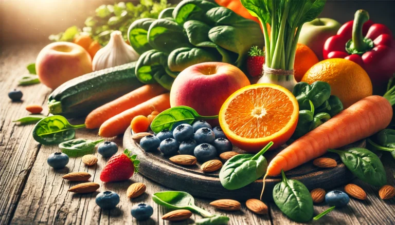 A vibrant assortment of fresh fruits and vegetables, including oranges, blueberries, spinach, carrots, and almonds, displayed on a rustic wooden table under soft natural lighting.