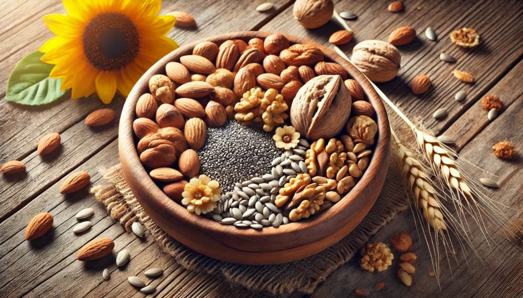  A wooden bowl filled with various nuts and seeds, including almonds, walnuts, sunflower seeds, and chia seeds, sitting on a rustic wooden surface, symbolizing essential vitamin and mineral sources.