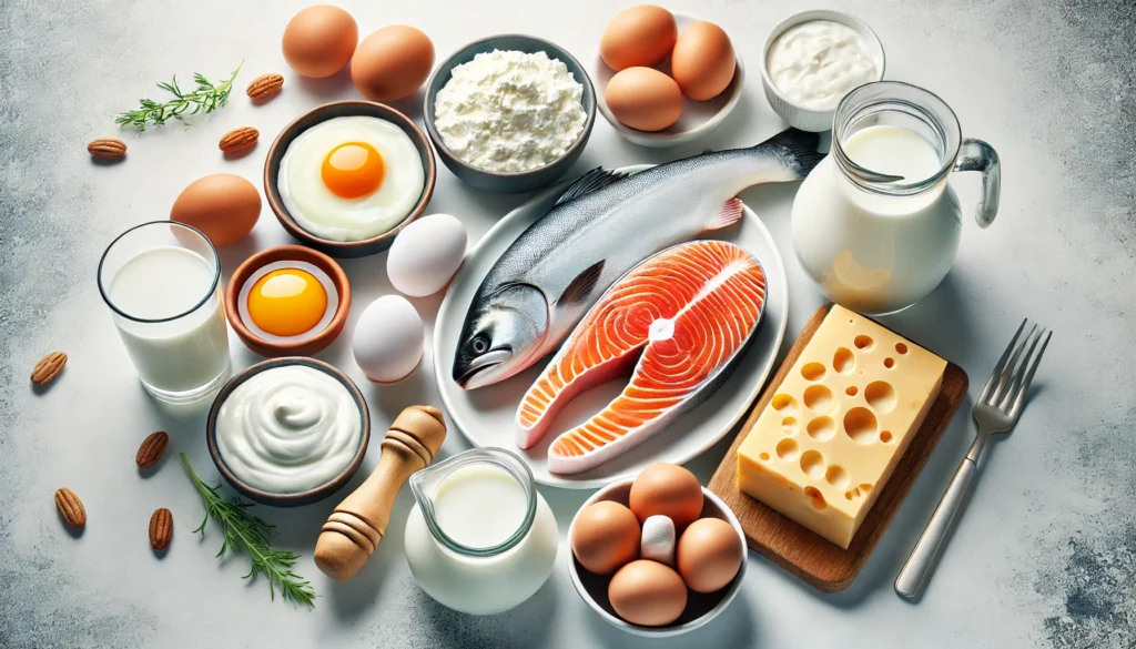 The Most Necessary Vitamins for Optimal Health: Good Vitamins to Take Every Day 2 A visually rich display of fresh fish, eggs, cheese, and yogurt arranged on a clean, white countertop, representing key dietary sources of Vitamin D and B12 in a bright and inviting setting.