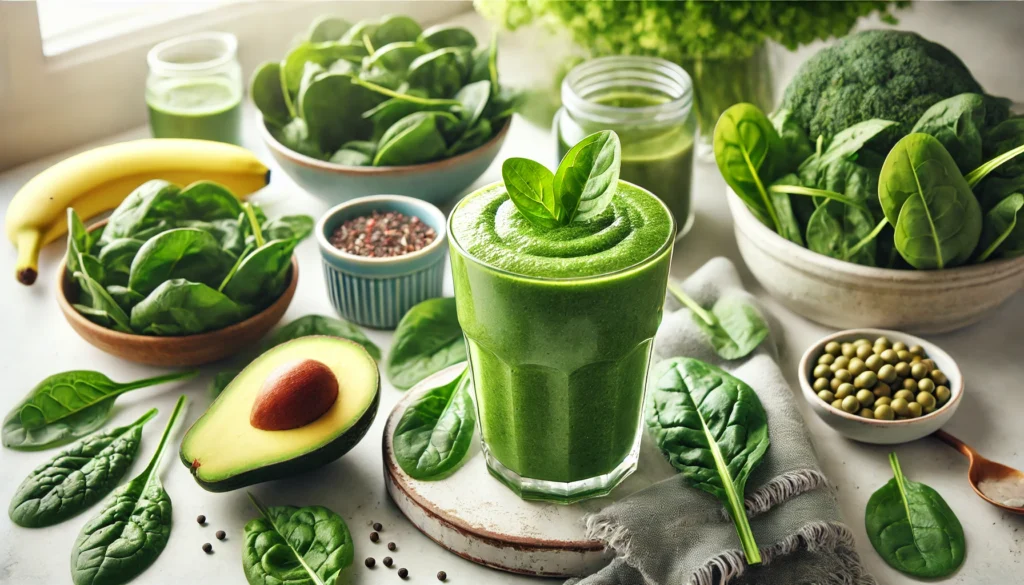 The Most Necessary Vitamins for Optimal Health: Good Vitamins to Take Every Day 3 A glass of freshly blended green smoothie surrounded by spinach, kale, avocado, and bananas on a kitchen counter, highlighting a nutrient-packed beverage rich in bioavailable vitamins and essential nutrients.