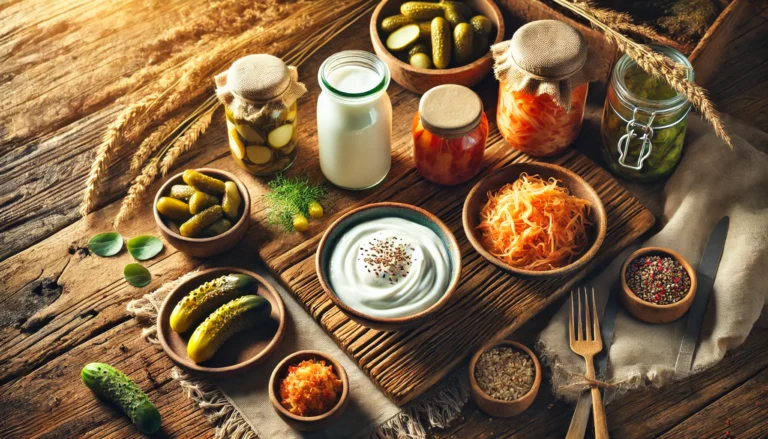 A rustic wooden table filled with natural probiotic foods, including yogurt, kimchi, kefir, pickles, and sauerkraut, illuminated by warm natural light.