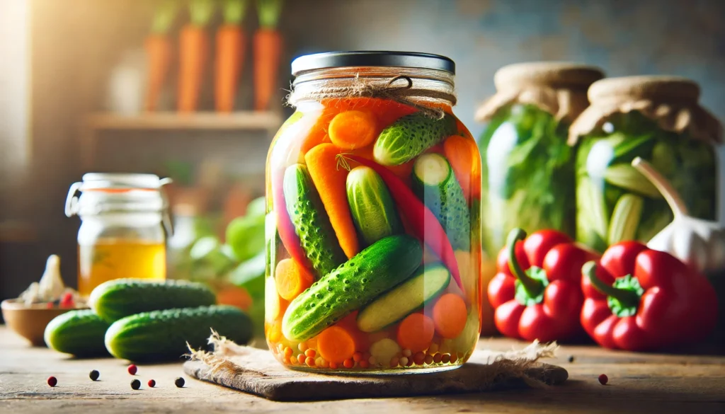 Best Natural Probiotics: Unlocking the Power of Bioavailable Nutrients for Gut Health 2 A close-up of a glass jar with homemade fermented vegetables such as carrots, cucumbers, and bell peppers in brine, highlighting natural probiotics.
