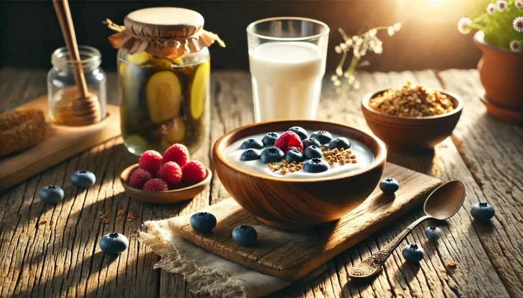 Best Natural Probiotics: Unlocking the Power of Bioavailable Nutrients for Gut Health 3 A serene breakfast scene showcasing a wooden bowl of yogurt with berries and granola, alongside probiotic-rich kefir and pickles on a rustic table.