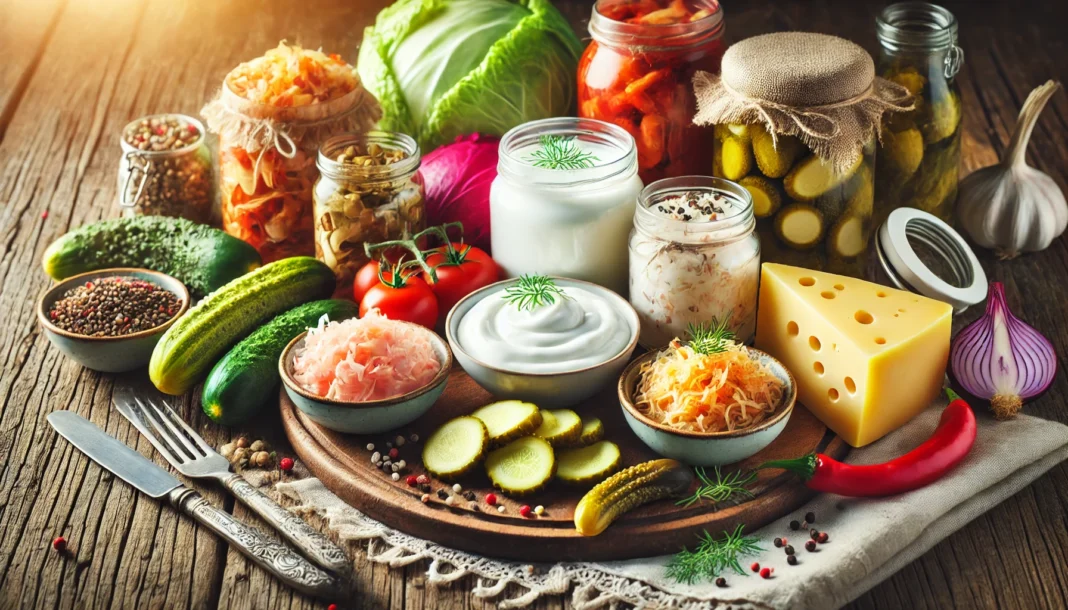 A vibrant close-up of a variety of natural probiotic foods, including yogurt, kimchi, sauerkraut, kefir, and pickles, arranged on a rustic wooden table with soft natural lighting.
