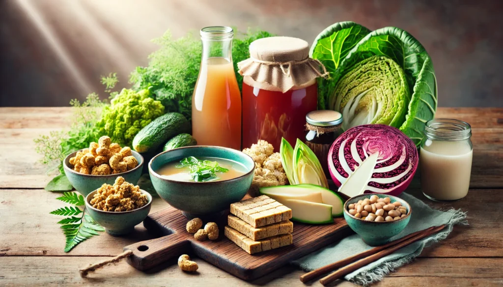 Unlocking Optimal Health: The Best Multivitamin for Adults to Support Vitality and Wellness 1 A fresh and healthy composition of natural probiotic-rich foods such as miso soup, tempeh, kombucha, and fermented vegetables, beautifully displayed on a wooden table with warm natural light.