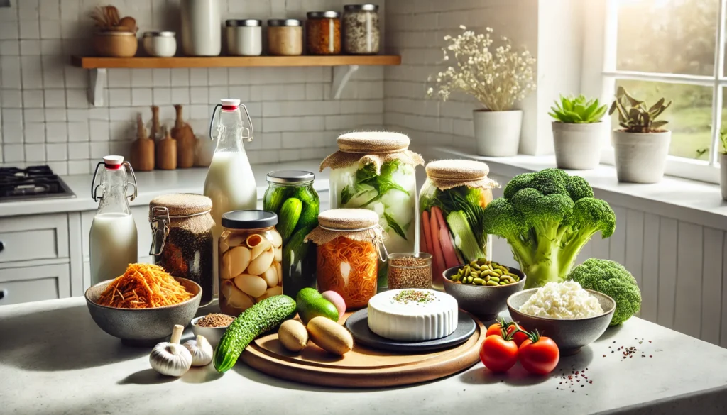 Unlocking Optimal Health: The Best Multivitamin for Adults to Support Vitality and Wellness 2 A beautifully arranged selection of probiotic foods, including fresh kefir, pickled vegetables, kimchi, and natto, placed on a clean minimalist kitchen countertop with soft natural lighting.