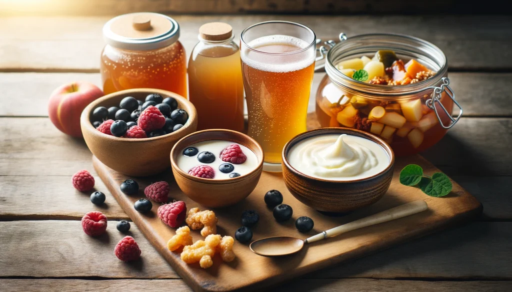 Unlocking Optimal Health: The Best Multivitamin for Adults to Support Vitality and Wellness 3 A visually appealing spread of natural probiotic foods, featuring a glass of kombucha, a bowl of yogurt with berries, miso soup, and fermented vegetables, elegantly arranged on a rustic wooden surface with soft, warm lighting.