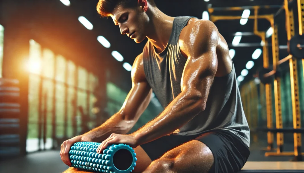 A high-performance male athlete recovering after an intense workout, using a foam roller in a gym with soft lighting, highlighting muscle definition and post-exercise relaxation.