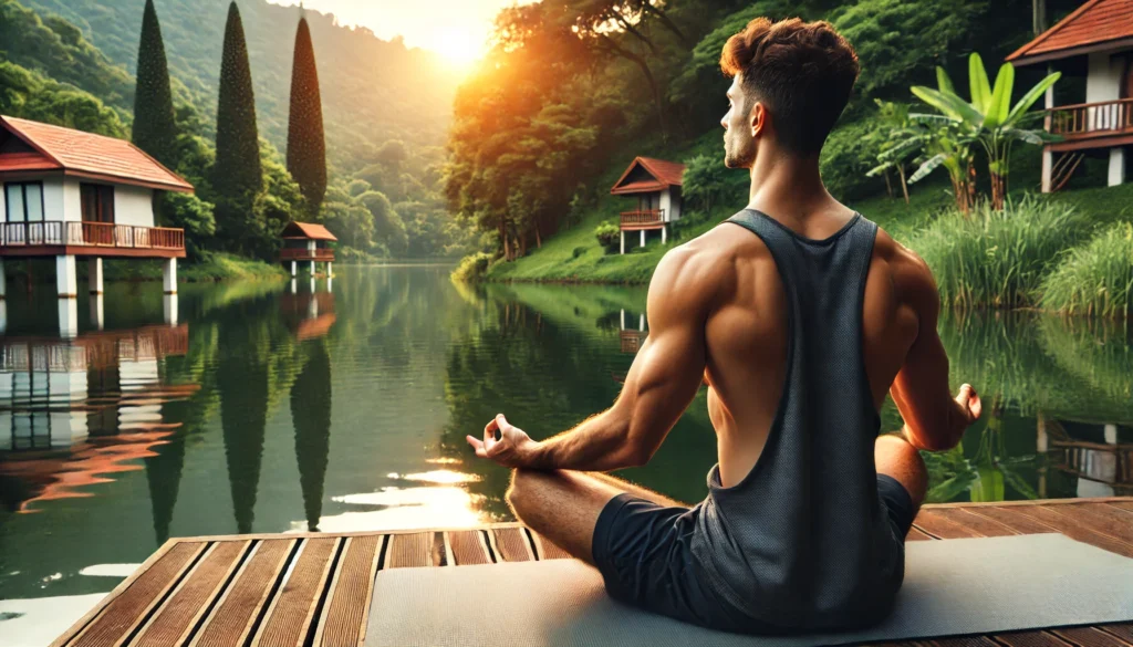 A male athlete practicing deep breathing and meditation on a yoga mat near a tranquil lake, surrounded by lush greenery and a golden sunset, emphasizing relaxation and post-workout recovery.