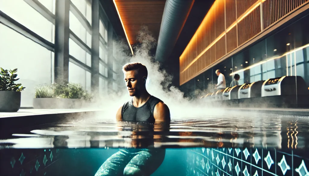 Optimizing Athletic Recovery: The Best Multivitamin for Men to Boost Performance and Regeneration 2 A male athlete submerging in a cold plunge pool for muscle recovery, with steam rising from the water in a modern recovery facility, showcasing post-workout therapy and relaxation.