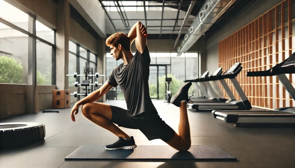 Optimizing Athletic Recovery: The Best Multivitamin for Men to Boost Performance and Regeneration 3 A male athlete performing deep stretching exercises on a mat in a well-lit gym, focusing on flexibility and recovery, with a relaxed posture and a minimalist fitness environment.