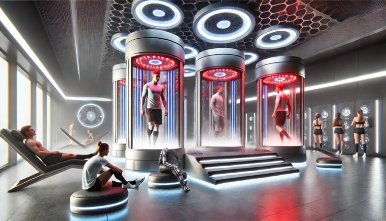 A futuristic sports recovery center with advanced therapy equipment, including cryotherapy chambers emitting cold mist, red light therapy panels, and compression therapy devices. The sleek, modern environment conveys relaxation and muscle recovery.